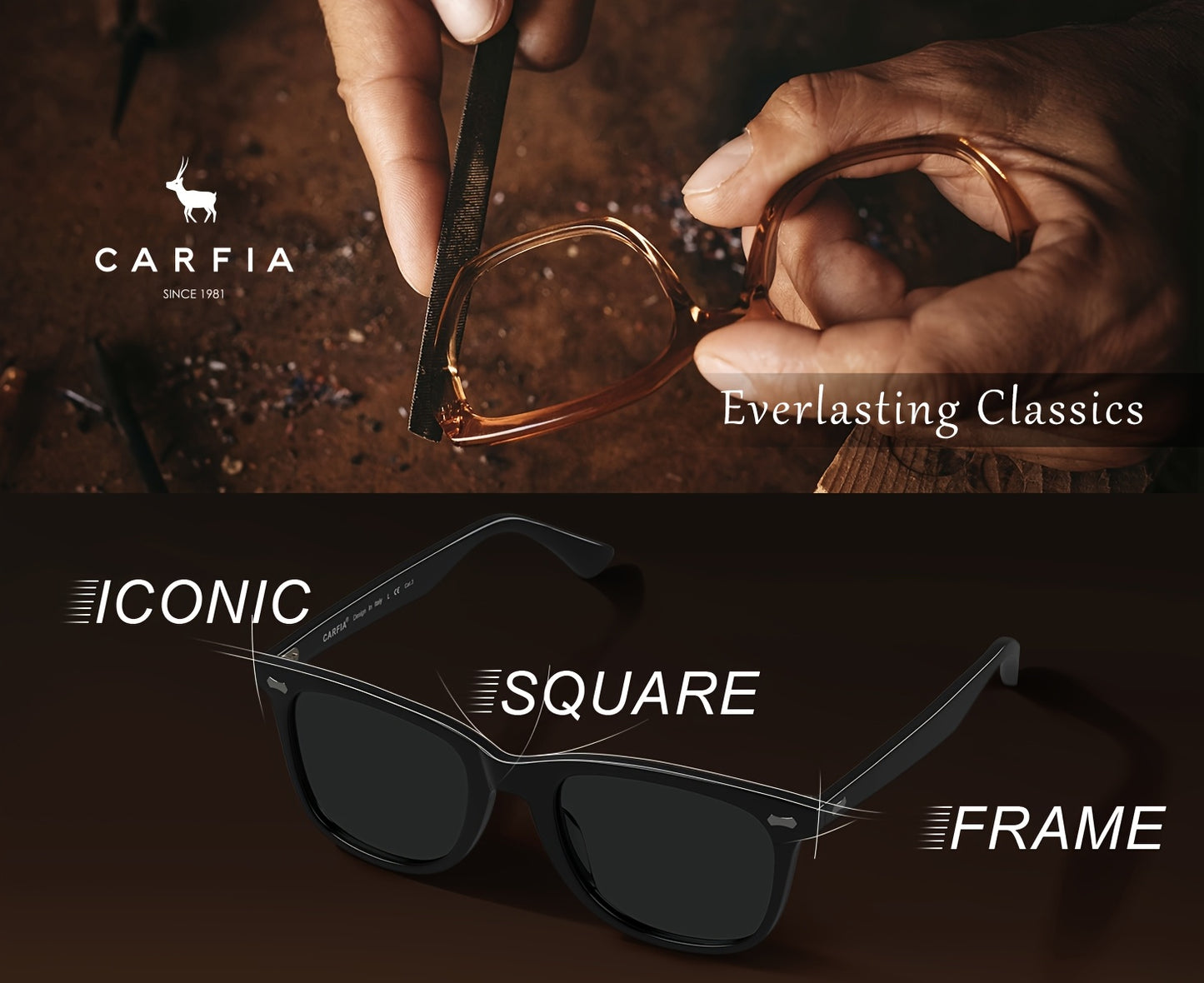 CARFIA Square Polarized Glasses For Men UV400 Protection Retro Acetate Italian Hand-crafted Driving Shades