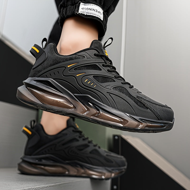 Men's Casual Sneakers - Breathable Low-Top Lace-Up Design, Durable PU Upper Cushioned PVC Sole for All-Season Comfort - Black with Yellow Accents - Ideal for Running, Hiking, Daily Wear, Hiking Footwear, Stylish Contrast Ac