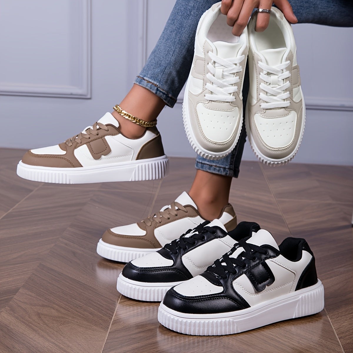Women's Plus Size Lightweight Casual Sneakers - Thick Sole Slip-Resistant EVA Sole, Breathable Mesh Lining, Round Toe Lace-Up Design, All-Season Comfort, Two-Tone Color Options (White/Brown)