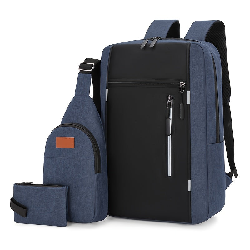 Three-Piece Set Men's Backpack, Includes Shoulder Bag and Coin Purse, Suitable for Back-to-School, Travel, Business, Casual Use with Large Capacity