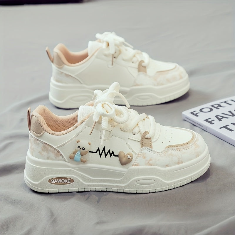 Women's White Mid-Top Sneakers with Bear Heart Stripes Design - PU Cover Upper, Thick Cushioned PVC Sole - Trendy Casual Shoes for All-Season Comfort
