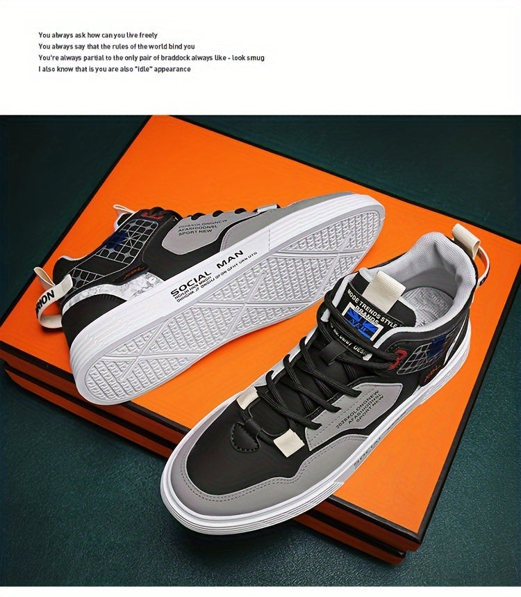 Men's High Top Lace Up Skateboard Shoes, Trendy Non Slip Casual Shoes For All Seasons Outdoor Walking Traveling Party