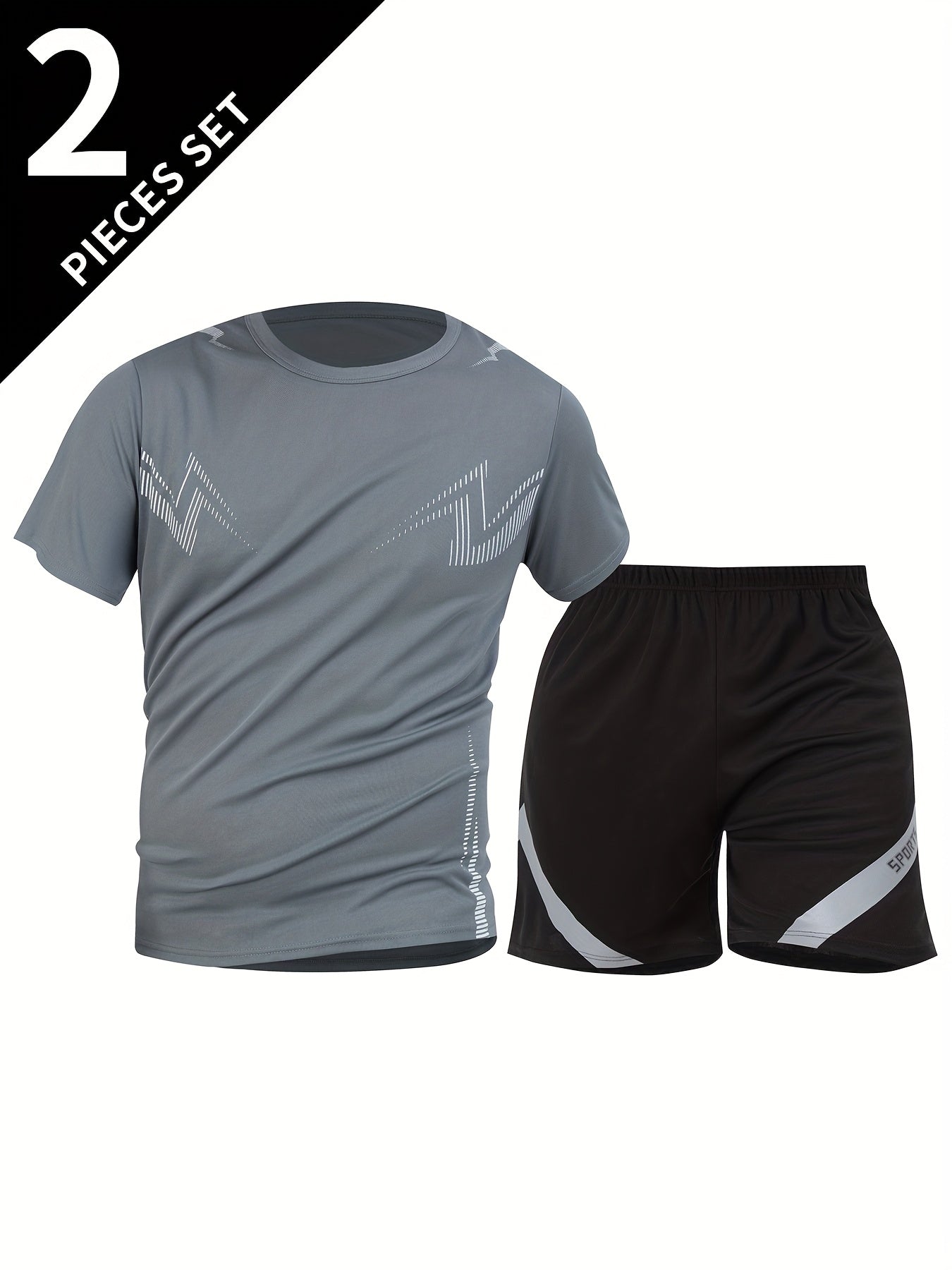 2pcs Summer New Lightning Print Sports Suit Men's Short Sleeve Shorts Outdoor Fitness Breathable Quick-Dry Loose Running Outfit Set