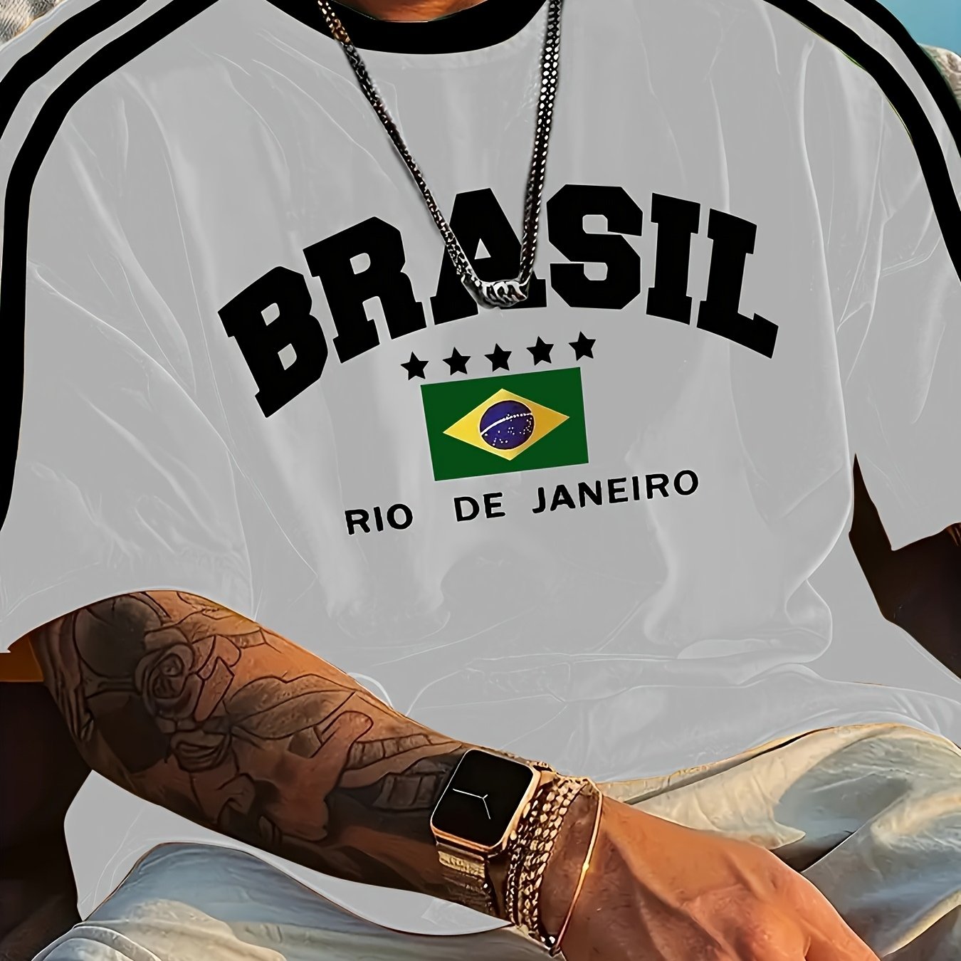 Men'S Casual Short-Sleeve T-Shirt with 3D Digital Printing, Round Neck, Brazilian Style, Made of Slightly Stretchy Polyester Knit Fabric, Suitable for Summer Outdoor Activities And Everyday Wear.
