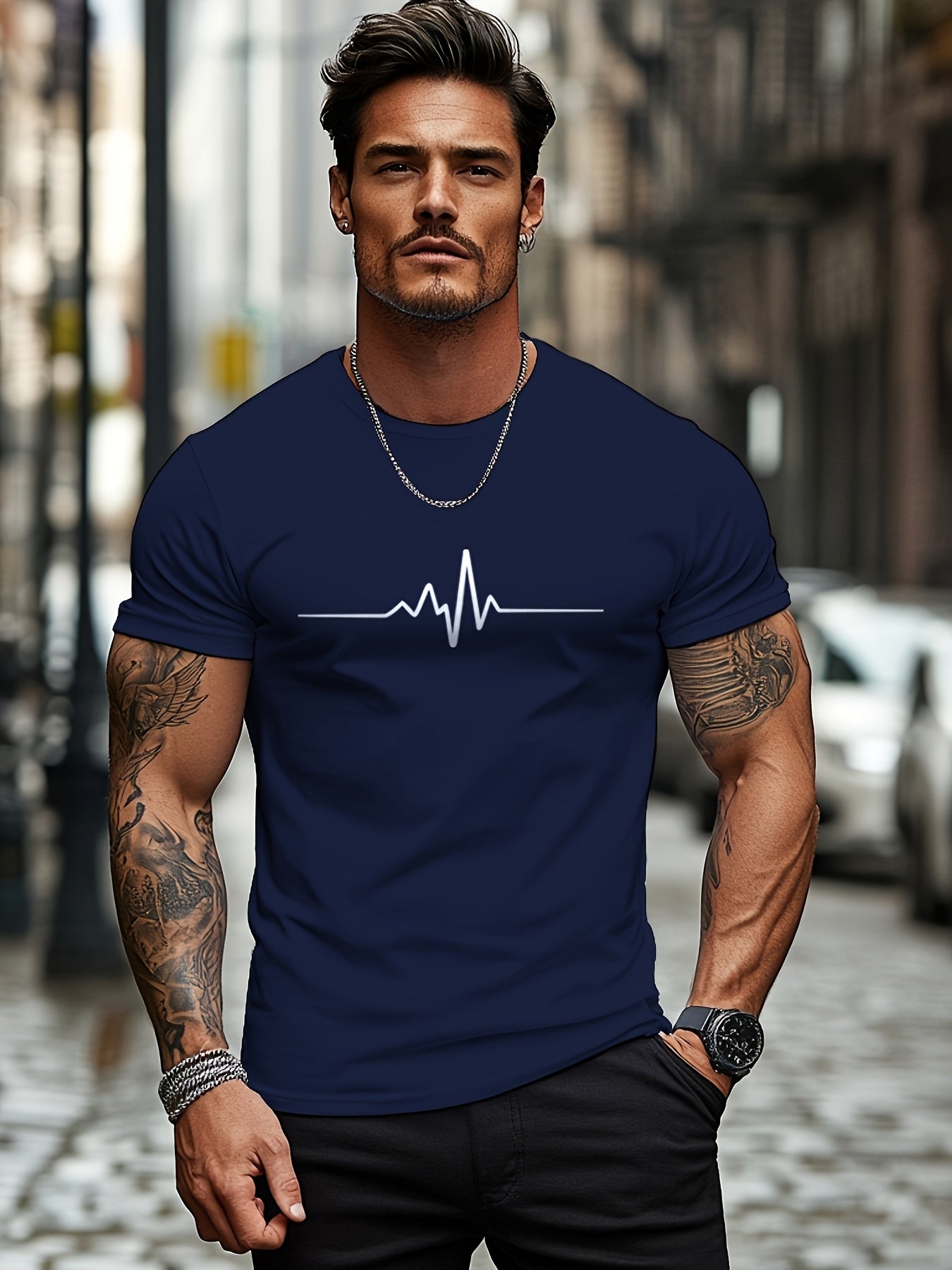 Men'S Brown T-Shirt with ECG Heartbeat Graphic - Casual Streetwear, Short Sleeve, Round Neck, Stretch Fabric, All-Season Comfort, Casual Streetwear Tee Round Neck Tshirt Comfortable Fit