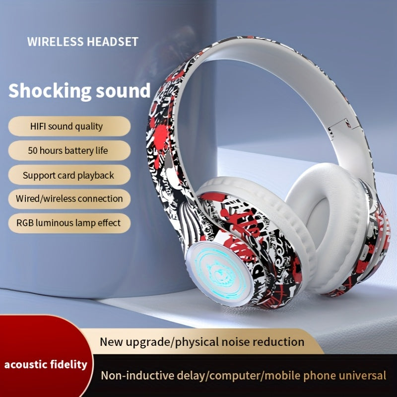 Wireless Headset with Shocking Sound, HIFI Sound Quality, 50 Hours Battery Life, Support Card Playback, Wired/Wireless Connection, RGB Luminous Lamp Effect, New Upgrade/Physical Noise Reduction, Acoustic Fidelity, Non-Inducti
