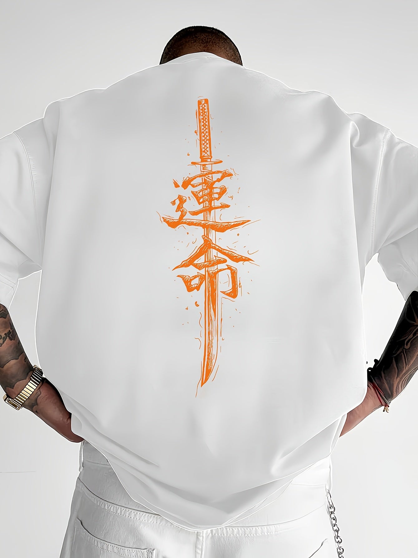 Men'S Japanese Samurai Sword Graphic T-Shirt - Casual Loose Fit Crew Neck, Short Sleeve Tee with Red Stylized Japanese Katanas Design, Breathable Polyester for Spring Summer Outdoor Wear