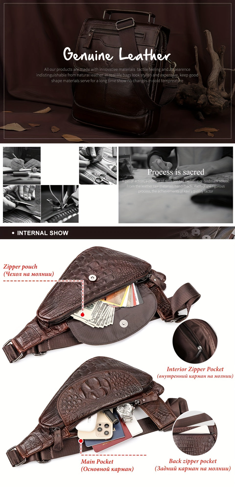 HUMERPAUL Men'S Casual Brown Leather Crossbody Bag with Alligator Print - Adjustable Strap, Multi-Compartment, Everyday Commute Shoulder Bag, Everyday Bag Casual Style Bag Adjustable Strap Bag