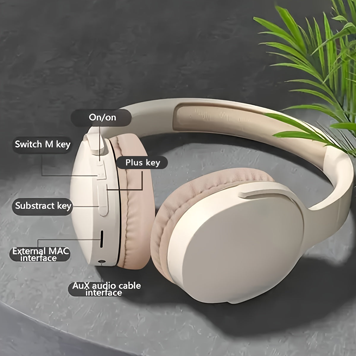 Beige Wireless Headphones, High Fidelity Stereo Sound, Foldable Design, Suitable for Travel and Sports, Compatible with Mobile Phones, Button Volume Control, USB Type-C Charging, Rechargeable Lithium Polymer Battery, Non-Wate