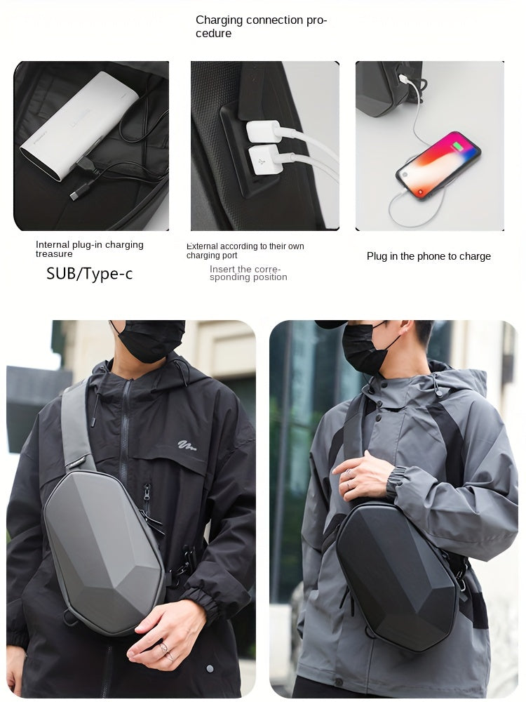 JUMAHE Men's USB Charging Crossbody Bag with Dual Power Ports, Hexagonal Geometric Design Street Style Shoulder Bag - Premium Durable Fabric, Adjustable Strap Zipper Closure for Daily Commute (Black/Grey), Bags for Travel,