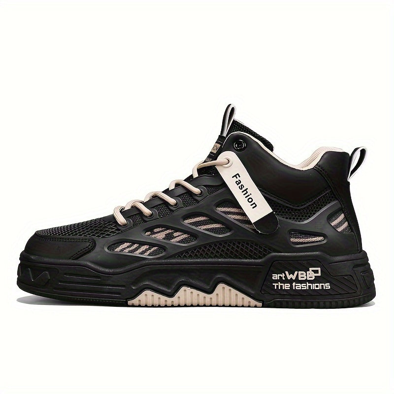 Men's High Top Fashion Sneakers Graphic Print Lace-Up Casual Skateboard Shoes with Round Toe, PU Mesh Upper, Fabric Lining, and Rubber Sole