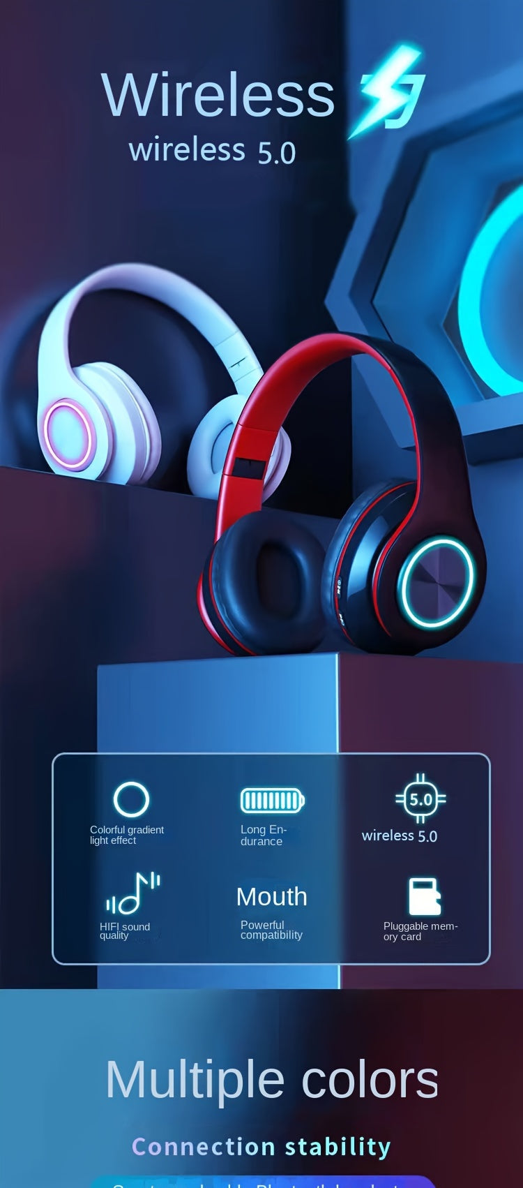 B39 Wireless Luminous Earphone Headwear, Foldable & Retractable, 3.5mm Jack, Condenser Mic, Push Button Volume Control, Non-Waterproof, for Cellphones, USB Type-C Charging, 150mAh Rechargeable Battery, 2.5W-14W, Anime Theme,