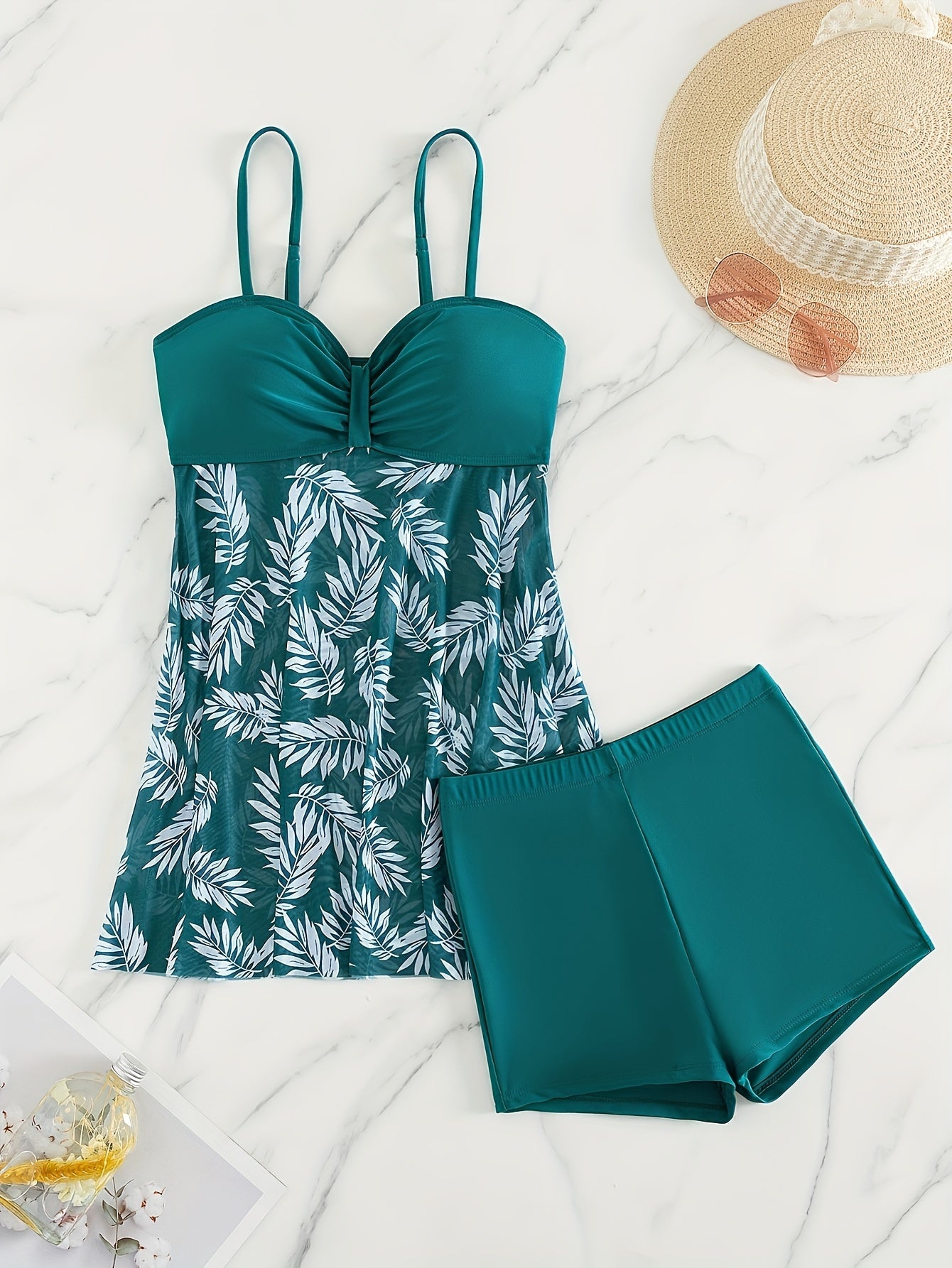 Tropical Print Pleated Tankini Two-Piece Swimsuit
