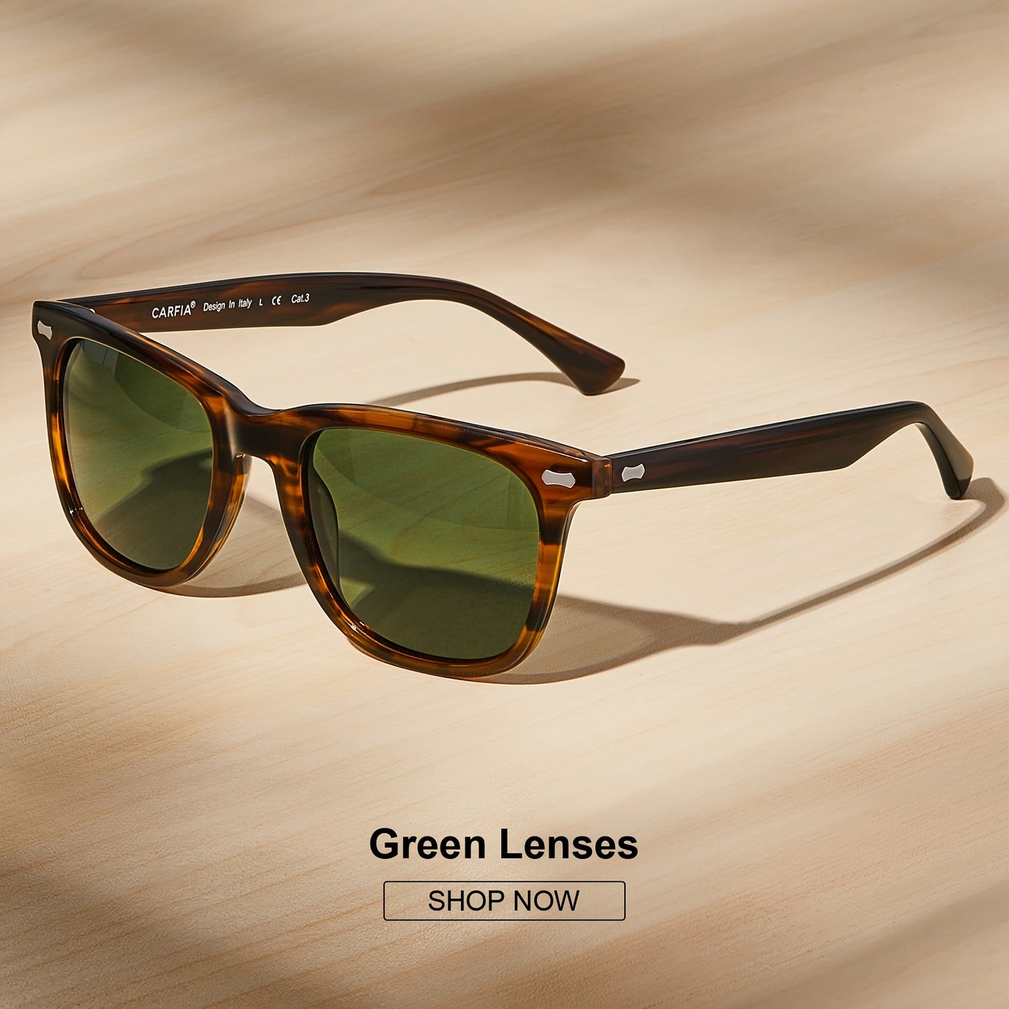 CARFIA Square Polarized Glasses For Men UV400 Protection Retro Acetate Italian Hand-crafted Driving Shades