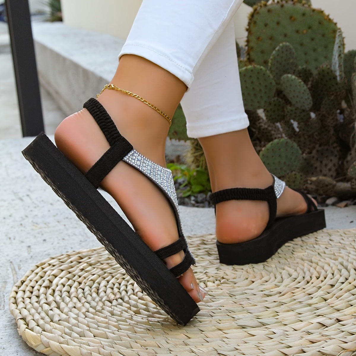 Women'S Stylish Open-Toe Sandals with Thick Sole - Glittery Black Strap Design, Comfortable EVA Insole, All-Season Use, Perfect for Casual and Formal Occasions, Formal Footwear Glittery Sandals EVA Insole Sandals