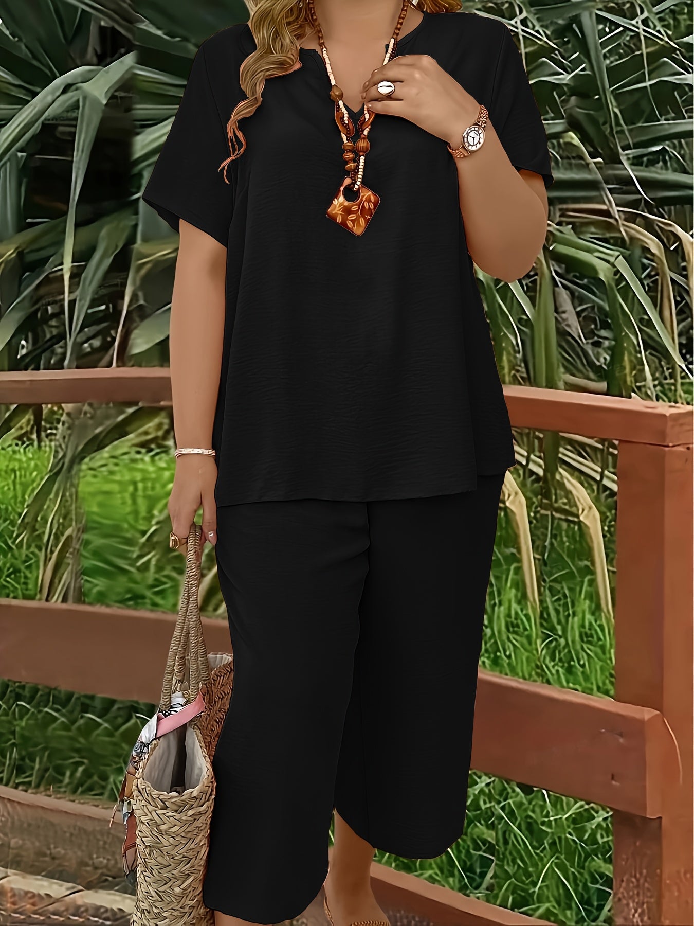 Women's Plus Size Suit, Elegant Solid Color Short Sleeve Top and Wide Leg Pants