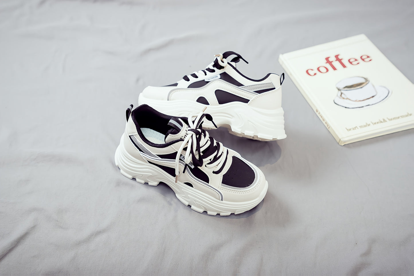 Women's Trendy Chunky Sneakers - Breathable Lace-Up Dad Shoes with Thick PVC Sole, White Beige Two-Tone Design, Versatile Low-Top Style for Casual Attire