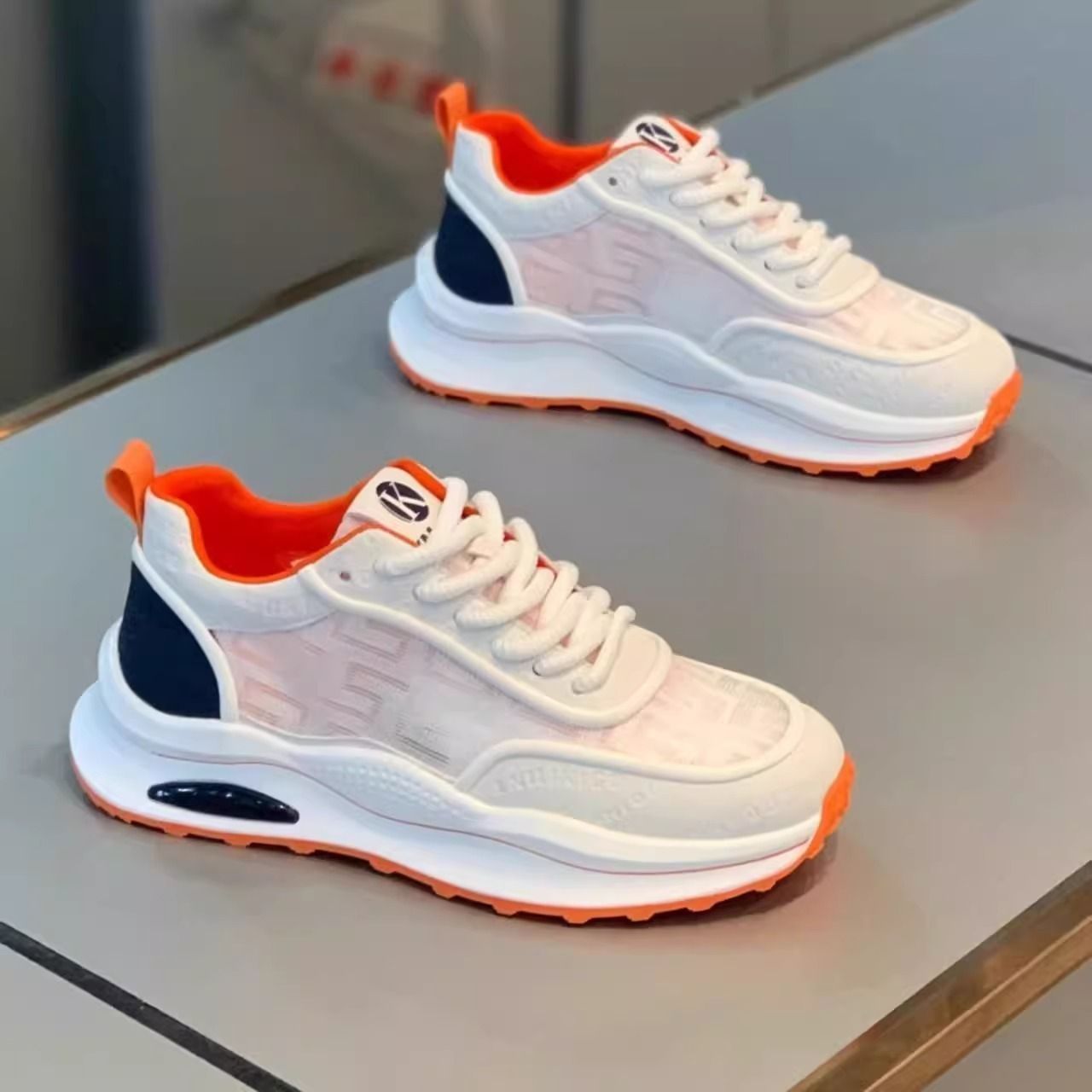 Men's Lightweight Breathable Low-Top Sneakers - PU Upper PVC Sole, White/Navy/Red Accents, Lace-Up Round Toe for Casual, Outdoor, Running Gym - All-Season Comfort Shoes, Casual Footwear, Geometric Pattern, Comfortable Fit
