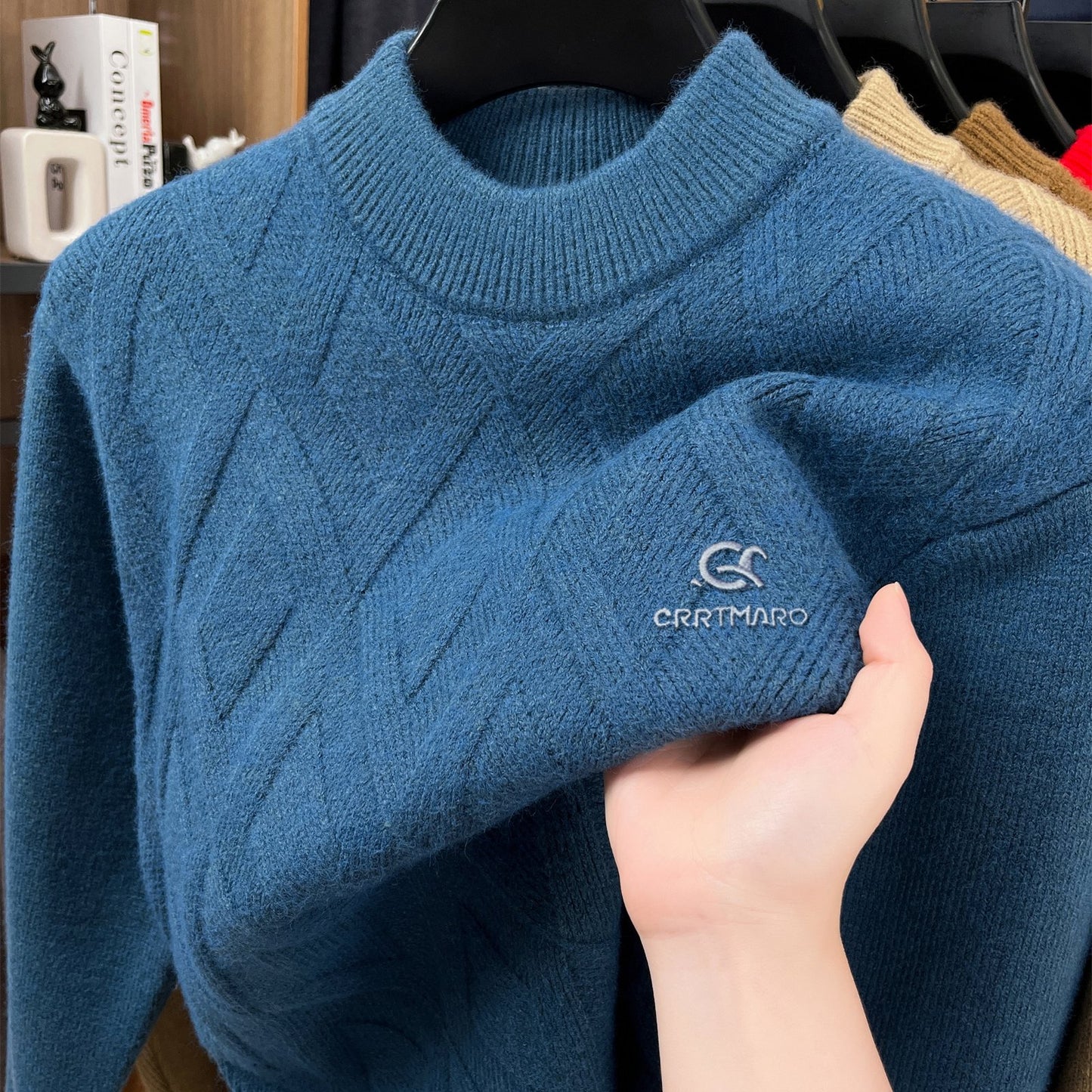 KATMARO Embroidered Sweater for Men, Round Neck, Warm for Autumn And Winter, Thickened Fleece, Half High Collar Base Layer, Casual Men'S Clothing by Shengyida