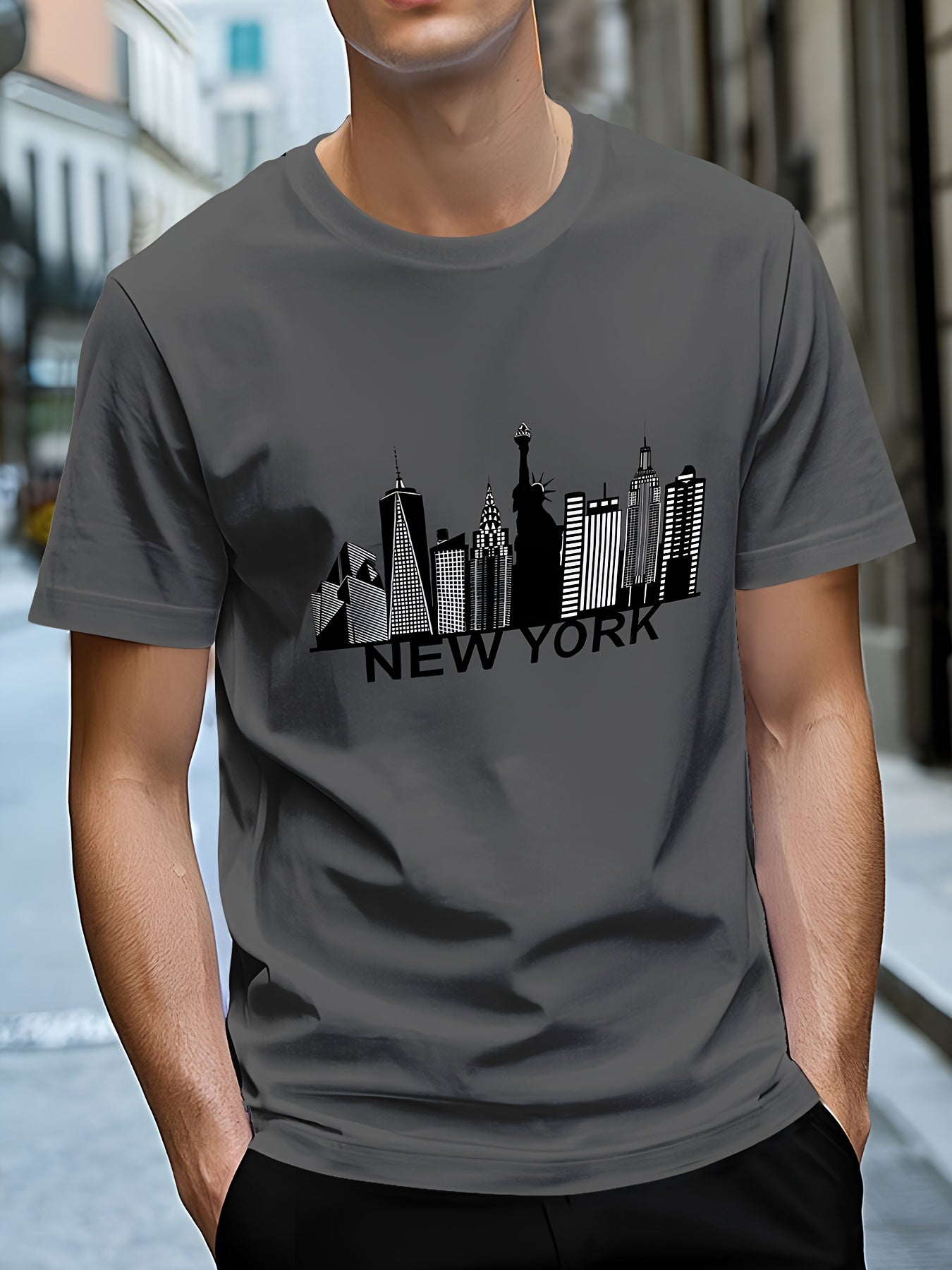 Men's Quick-Dry Summer T-Shirt with New York City Skyline Graphic Print - Breathable Moisture-Wicking Fabric, Regular Fit Round Neck Tee for Casual Outdoor Wear, Machine Washable, Comfortable Fit