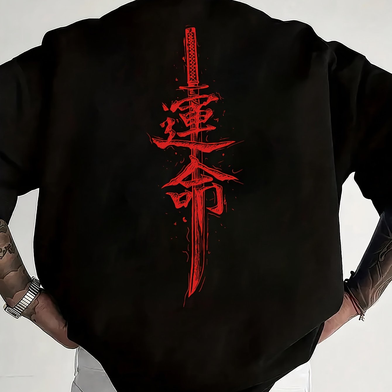 Men'S Japanese Samurai Sword Graphic T-Shirt - Casual Loose Fit Crew Neck, Short Sleeve Tee with Red Stylized Japanese Katanas Design, Breathable Polyester for Spring Summer Outdoor Wear