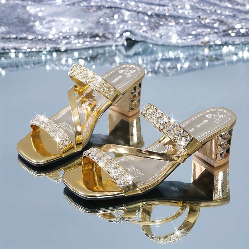 Elegant Women'S Summer Sandals - Sexy Open Toe with Glittering Square Toe, High Heel, and Rubber Sole for Outdoor Wear, Summer Footwear Chic Sandals Glossy Finish, Strappy Sandals