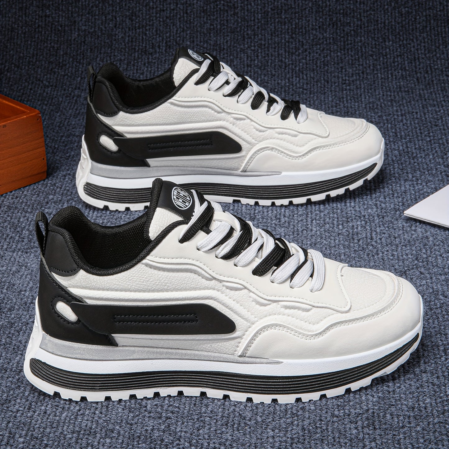 Men'S Breathable Lace-Up Sneakers - Color Block Design, Thick Sole, Casual Athletic Shoes for Casual Attire, Low-Top Style, Lace-Up Closure, PVC Sole, Fabric Inner, Round Toe, Faux Upper, Available in Black, Gray, Blue, Green