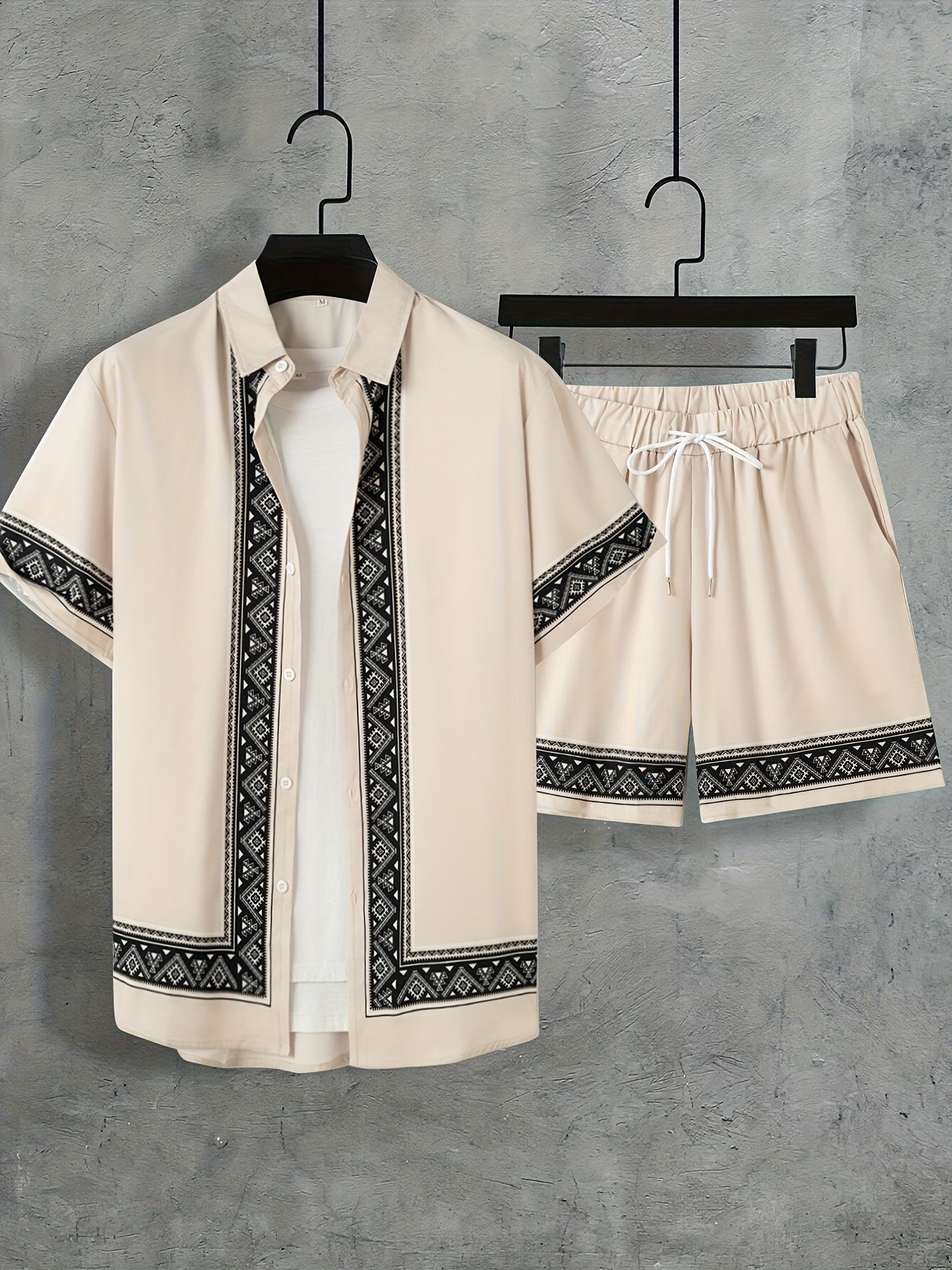 Men'S Two-Piece Set Consisting of a Casual Short-Sleeve Button-Up Shirt And Drawstring Pants, Perfect for Summer Wear.