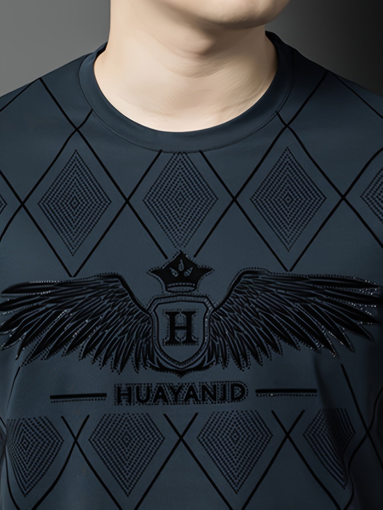 SINBOS Men's 2025 Summer Short Sleeve T-Shirt - Black Casual Graphic Print Tee with Wing HUYAND Logo Design, Breathable Stretch Fabric, Round Neck Regular Fit for Casual Attire, Nontransparent Material, Relaxed Fit, Trendy