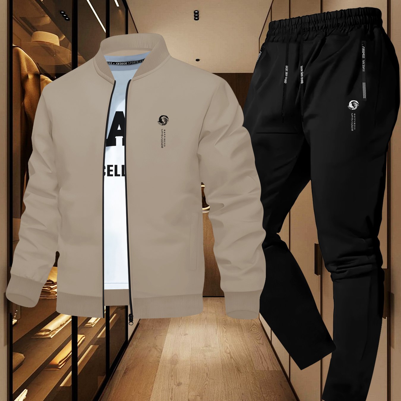 Japanese-Style Happiness Print, Casual Men'S Suit for Spring And Autumn, Featuring a Simple Two-Piece Set with a Round Neck Jacket And Long Pants, Perfect for Daily Sports And Travel, Trendy.