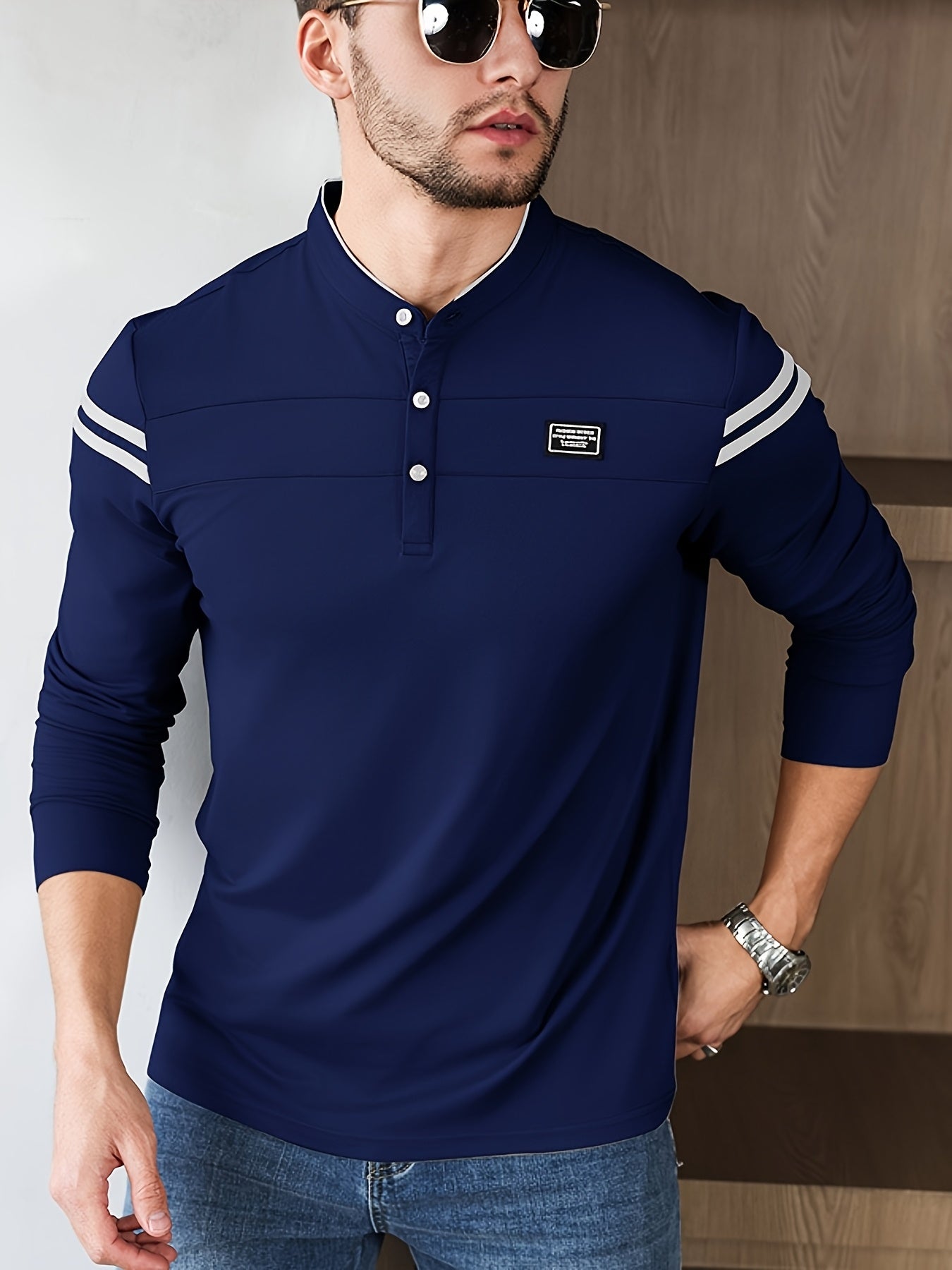 Men'S Casual Long Sleeve T-Shirt - Solid Color with Stand Collar Stripe Polo, Button-Up Front, Ideal for Outdoor Activities
