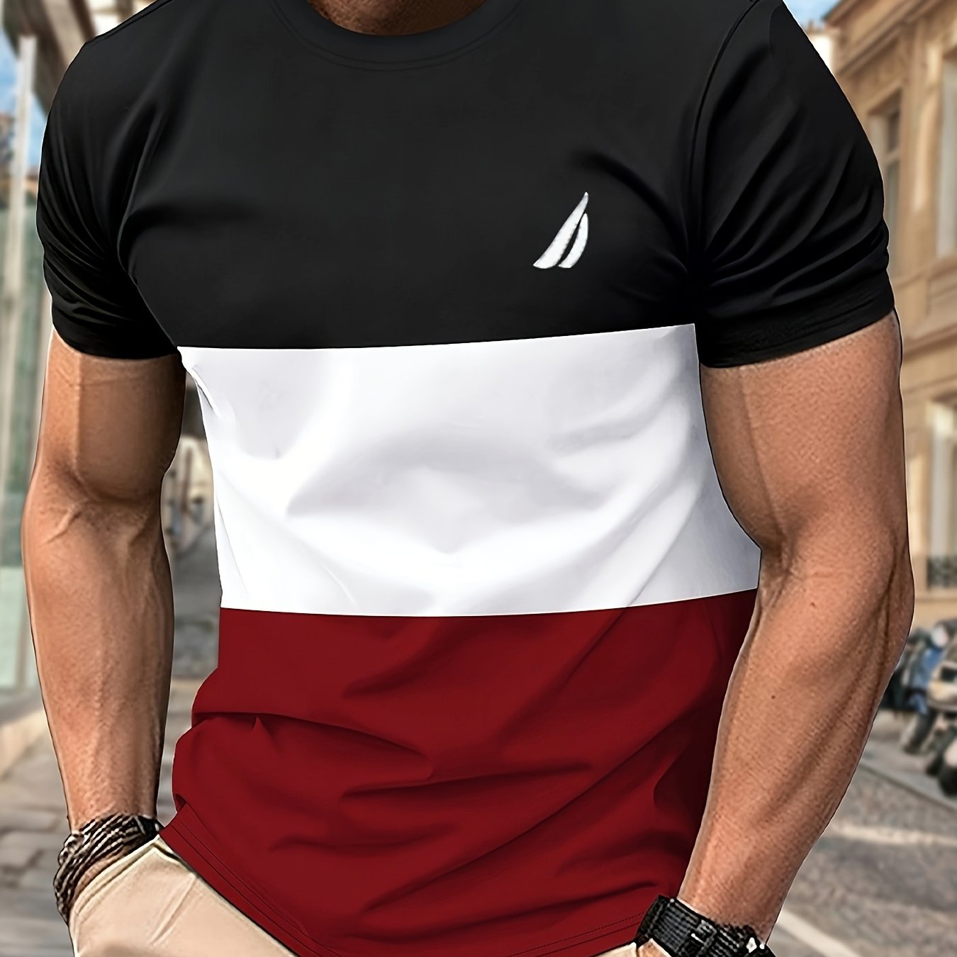 Men's Round Neck T-Shirt, Three-Color Patchwork Top with Asymmetric Double Stripes, Trendy Comfortable Breathable High-Quality Factory-Made Casual Fit