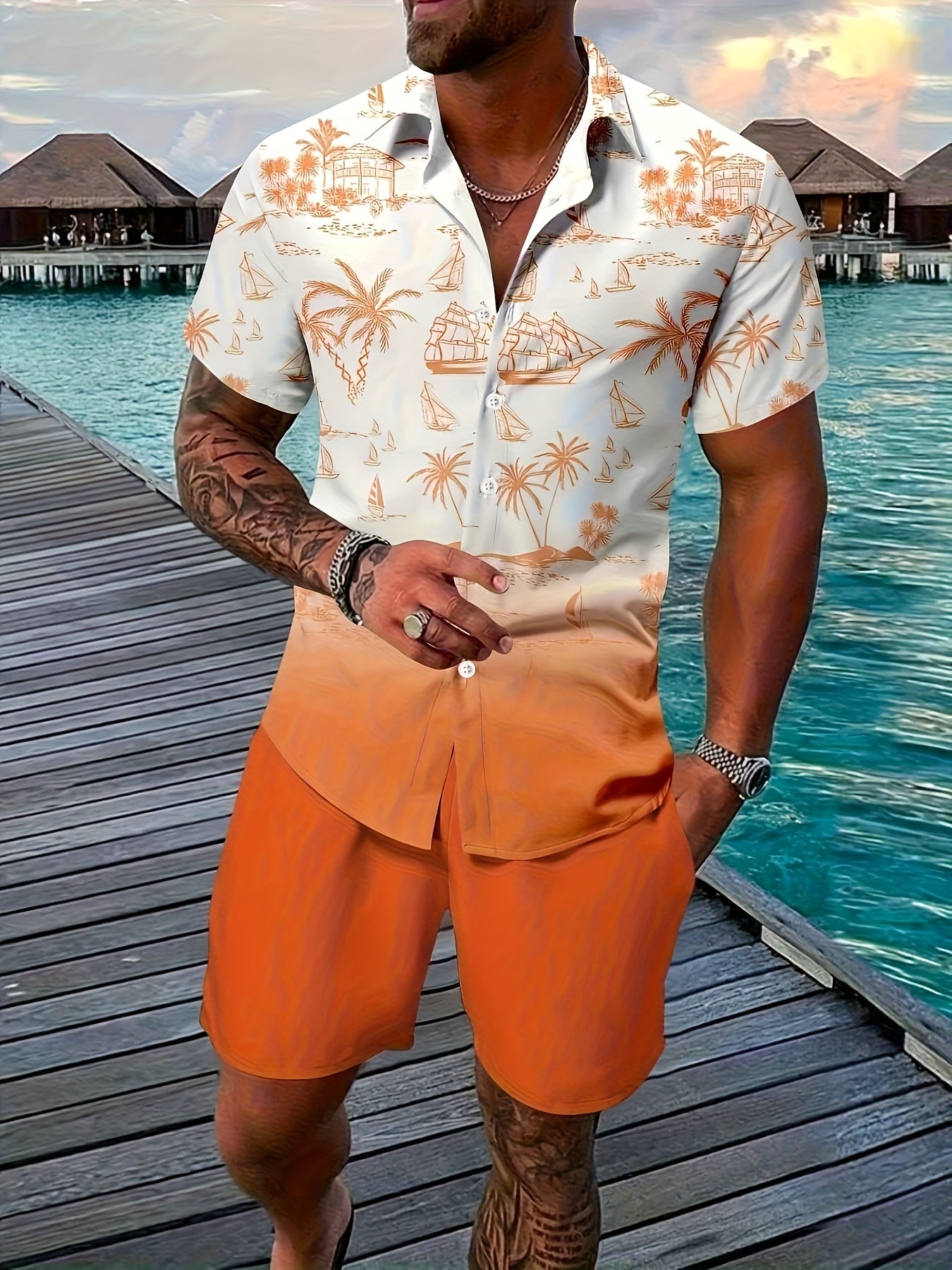 Men's 3D Printed Lapel Casual Shirt and Shorts Set