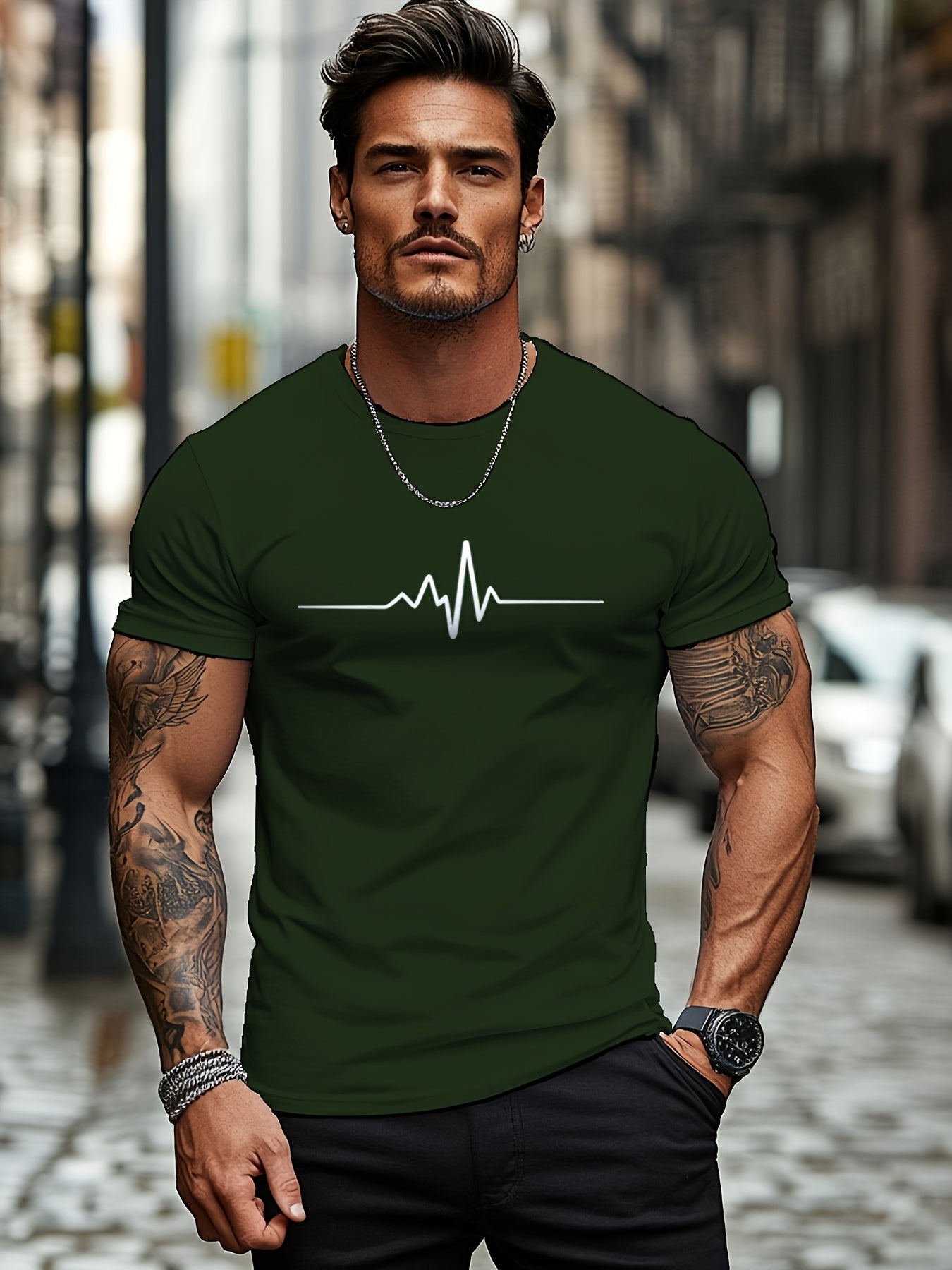 Men'S Brown T-Shirt with ECG Heartbeat Graphic - Casual Streetwear, Short Sleeve, Round Neck, Stretch Fabric, All-Season Comfort, Casual Streetwear Tee Round Neck Tshirt Comfortable Fit