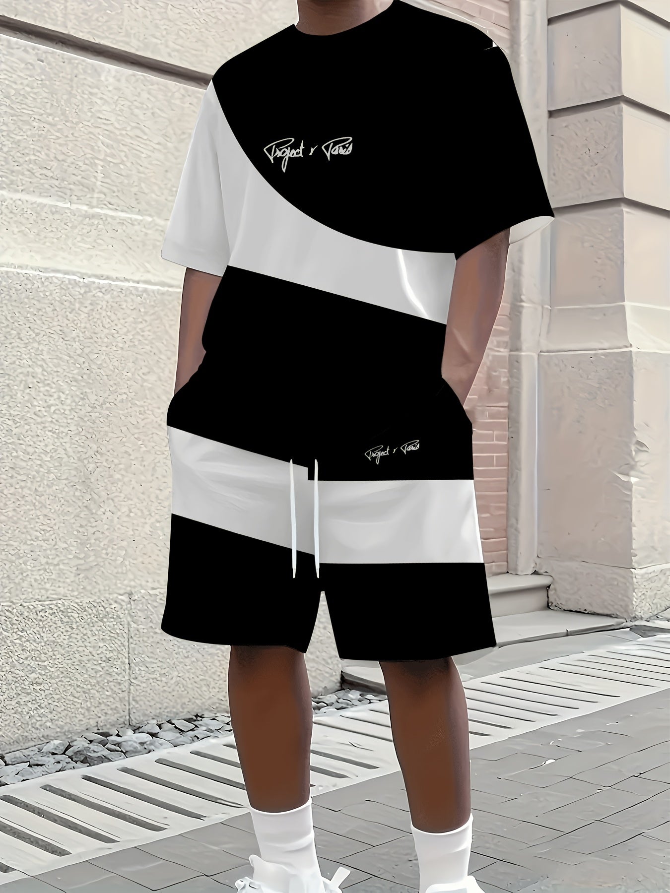 1 Set of 2pcs 3D Letter Print Fashion Tri-Color Men's Summer Fresh T-Shirt and Shorts Set, Slightly Stretchy Polyester Knit Fabric, Regular Fit, Suitable for Outdoor Activities and Family Gatherings