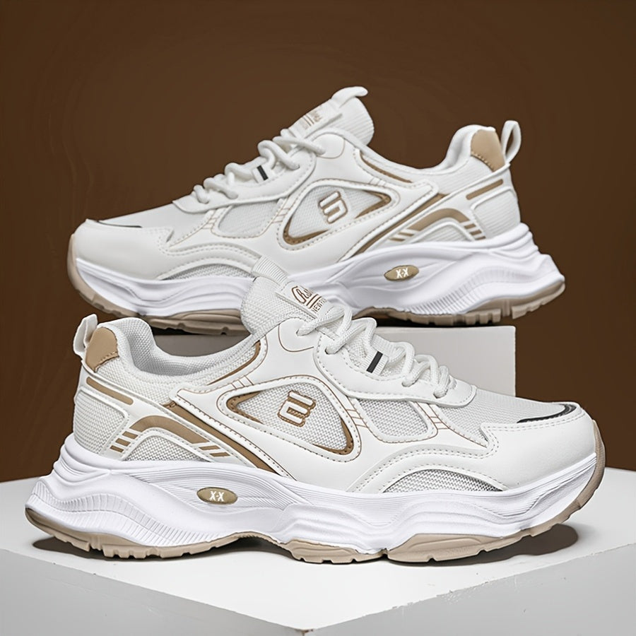 Men'S 2025 New Fashionable Low-Top Sneakers with Thick Sole - Non-Slip, Outdoor Casual Shoes for Teenagers and Young Adults, White and Golden Accents, All-Season Comfort, Casual Footwear Modern Sneaker Design Rubber Base