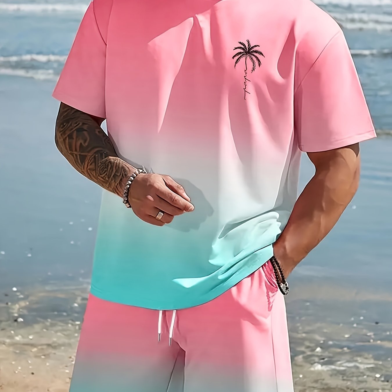 Men's fashion crewneck short-sleeved shorts two-piece set, 3D digital printing HD pattern, summer leisure and comfortable vacation sports Men's wear