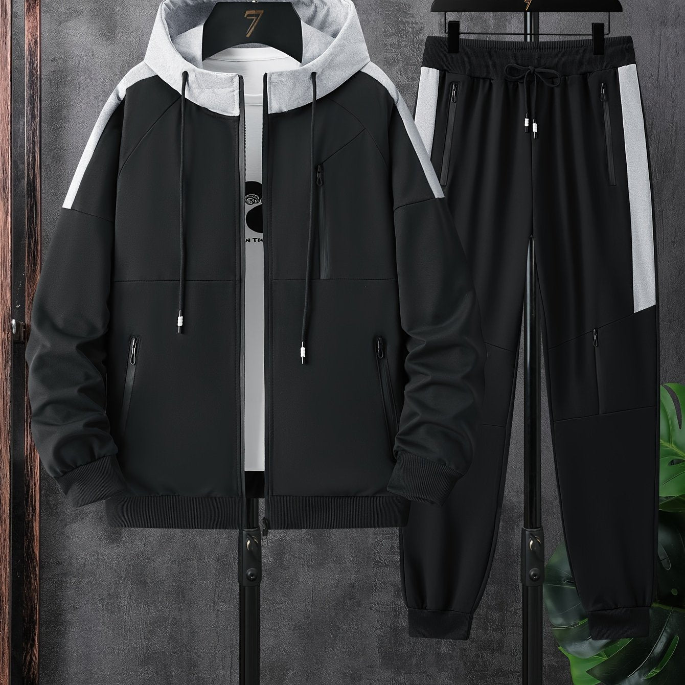 1set Men'S Sports Hooded Jacket and Joggers Set, Polyester Knit Fabric with Slight Stretch, Patchwork Design, Regular Fit, Spring/Fall Season, with Pockets