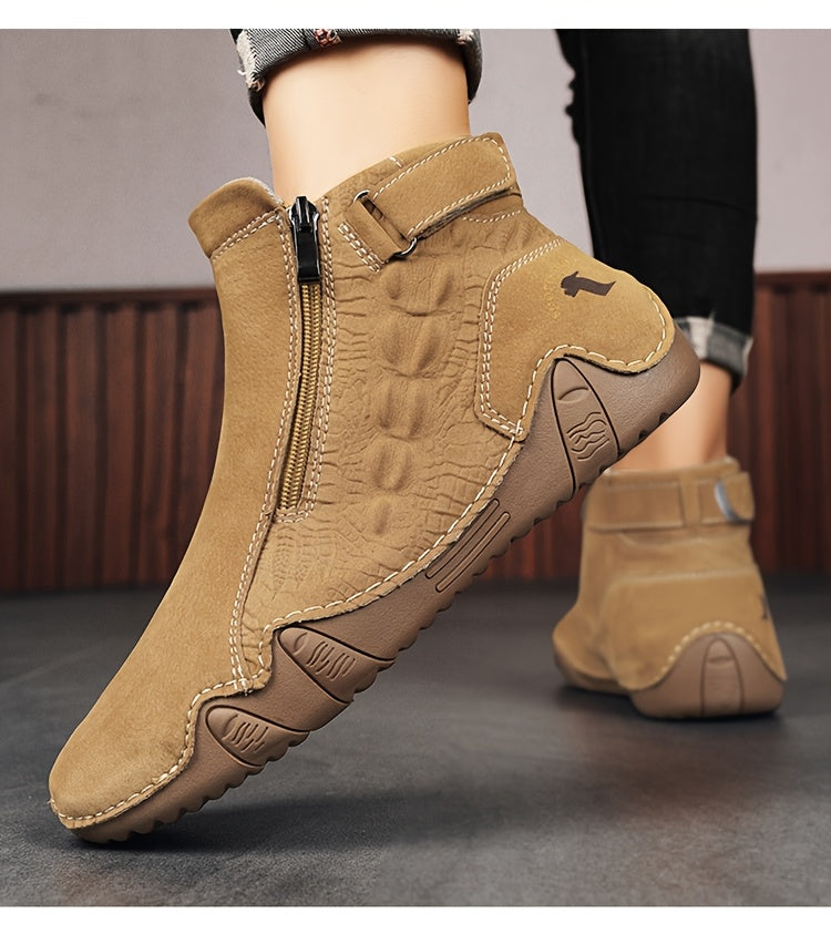 Men'S High-top Casual Shoes With Anti-slip, Comfortable, Outdoor, Fashionable, Plus Size, Business, Hand-stitched, Zipper, Cro, Lace-up.