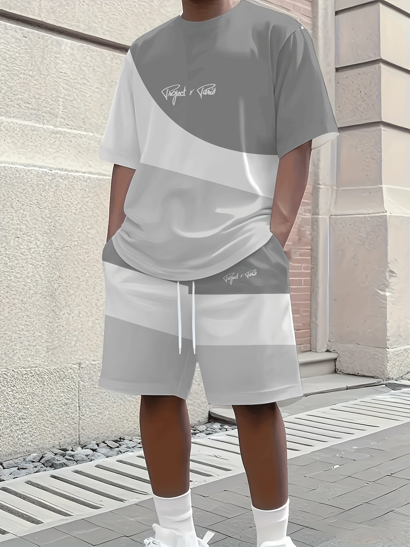 1 Set of 2pcs 3D Letter Print Fashion Tri-Color Men's Summer Fresh T-Shirt and Shorts Set, Slightly Stretchy Polyester Knit Fabric, Regular Fit, Suitable for Outdoor Activities and Family Gatherings