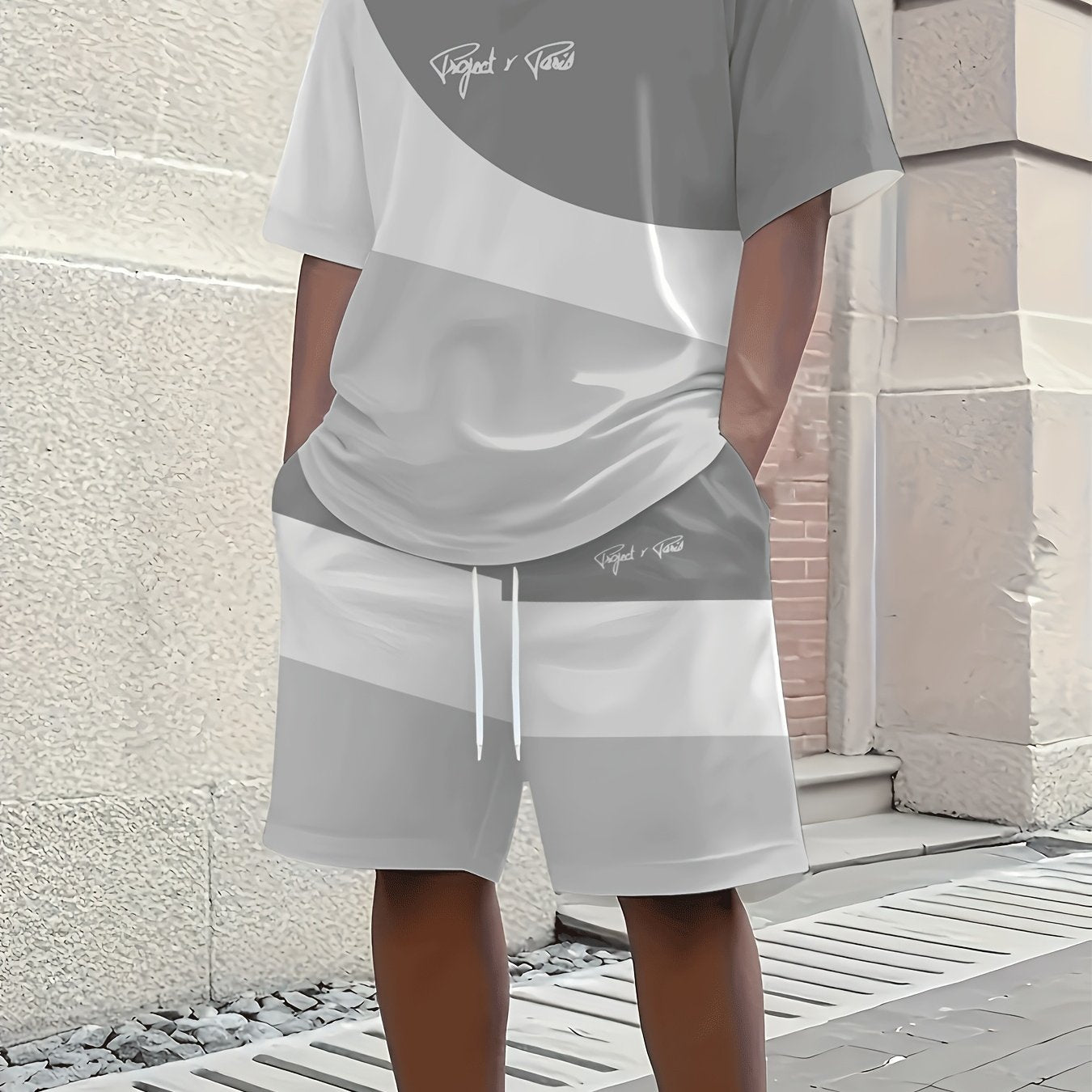 1 Set of 2pcs 3D Letter Print Fashion Tri-Color Men's Summer Fresh T-Shirt and Shorts Set, Slightly Stretchy Polyester Knit Fabric, Regular Fit, Suitable for Outdoor Activities and Family Gatherings