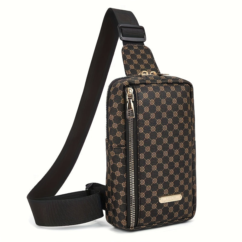 Men'S Classic Black PU Crossbody Bag with Geometric Pattern, Key Holder, Zipper Closure, Polyester Lining, Urban Style, Commuter Bag Geometric Pattern Bag Zippered Closure Bag