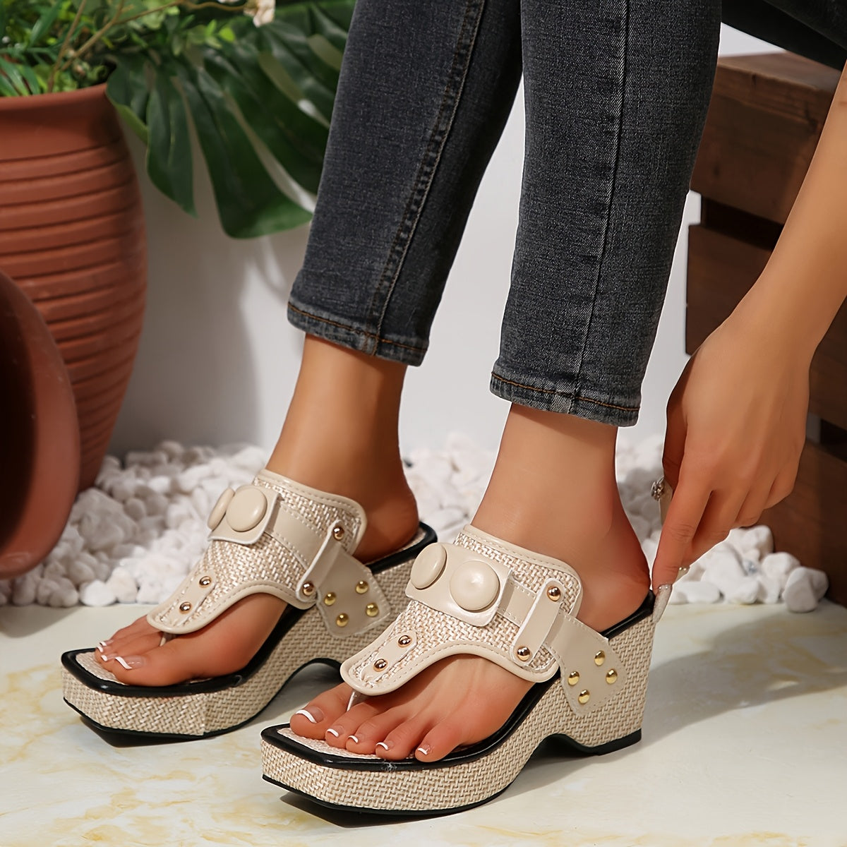 Women's Thick Platform Wedge Sandals with Metallic Studs - Slip-On Square Toe Breathable Fabric Upper Cushioned Rubber Sole for Casual Comfort, Comfortable Footwear, Chic Shoe Design, Durable Traction Footwear