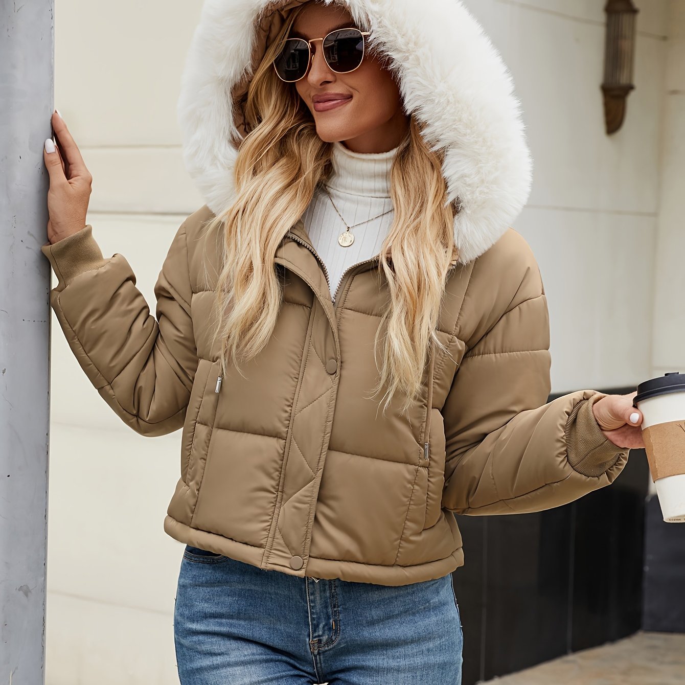 Women's Casual Short Zip-Up Hooded Jacket with Faux Fur Trim - Black Polyester, Long Sleeve, Outdoor Fall/Winter Wear, Cold Weather Apparel | Hooded Fashion | Glossy Finish