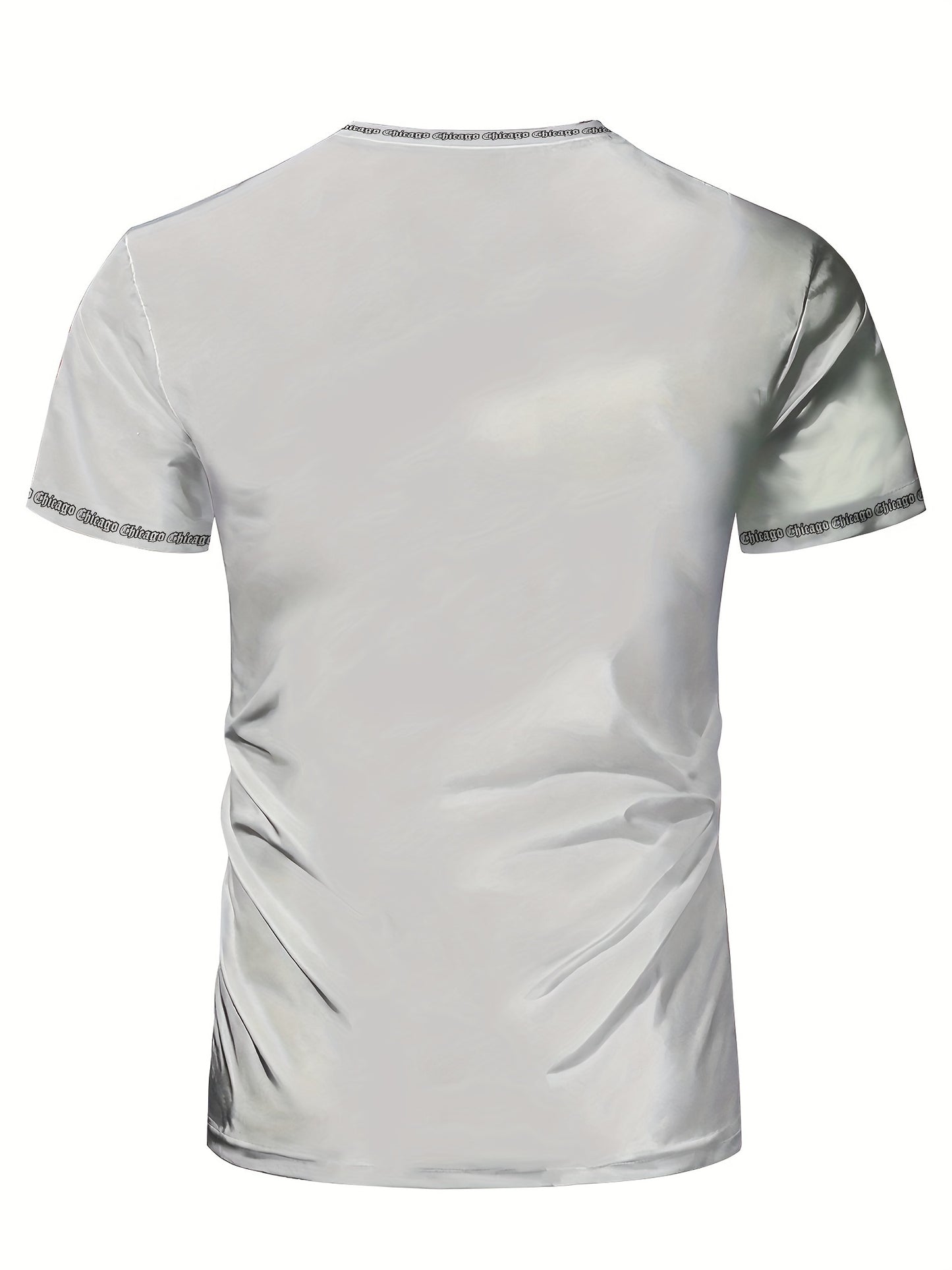 Men'S Chicago Print T-Shirt, Polyester-Spandex Blend, Crew Neck, Short Sleeve, Geometric Pattern, High Stretch, Tear Resistant, Sports Casual Style, Summer Fit Top for Training, Yoga, Hiking Festive Occasions