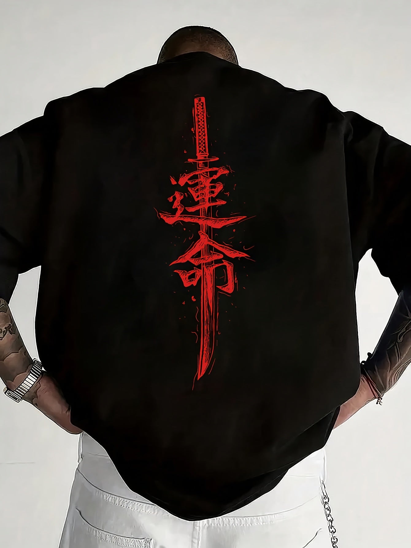 Men'S Japanese Samurai Sword Graphic T-Shirt - Casual Loose Fit Crew Neck, Short Sleeve Tee with Red Stylized Japanese Katanas Design, Breathable Polyester for Spring Summer Outdoor Wear