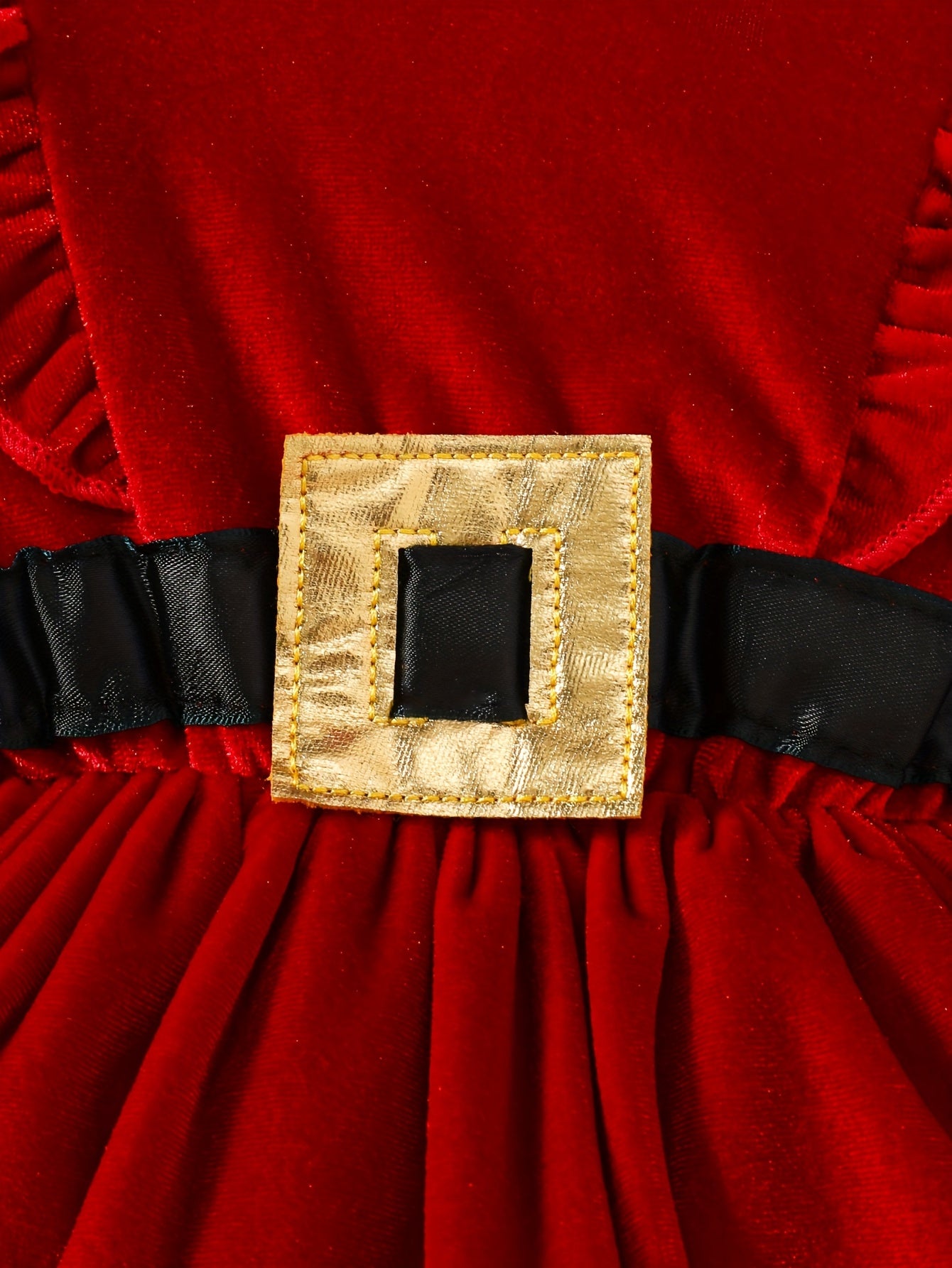 2pcs Golden Velvet Flutter Sleeve Lace Belt Decorated Long Sleeve Bodysuit with Fluffy Skirt + Bow Headscarf Set Autumn and Winter Christmas Cute Party Outfit, for Outdoor