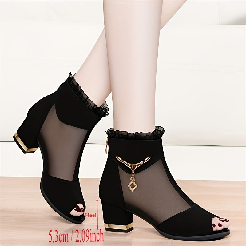 Elegant Black High-Heel Sandals with Mesh Upper - Comfortable Block Heel, Open Toe Design, Stylish Zipper Closure, Perfect for Summer Formal Wear, Formal Footwear Elegant High Heel Zipper Closure Sandals