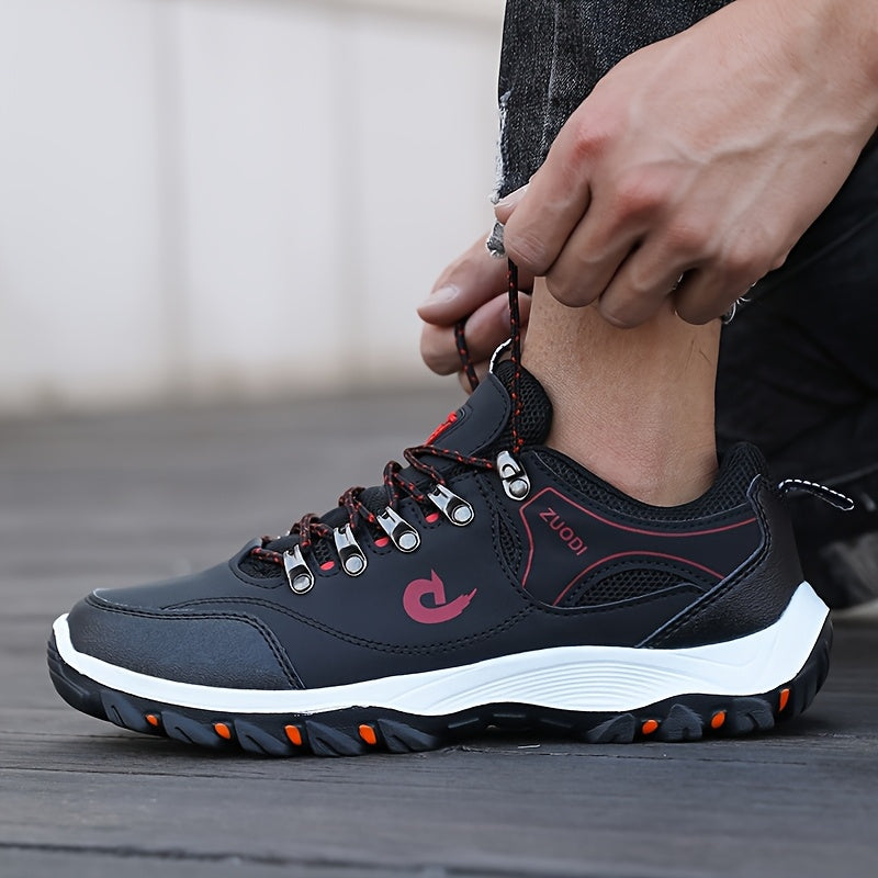 Men's Low-Top Lace-Up Outdoor Hiking Shoes, Durable Non-Slip Rubber Sole All-Season Sports Footwear with Plain Toe, PU Upper, Fabric Inner & Insole for Camping, Climbing - Black with Orange Accents, Allseason Sports Shoes | C