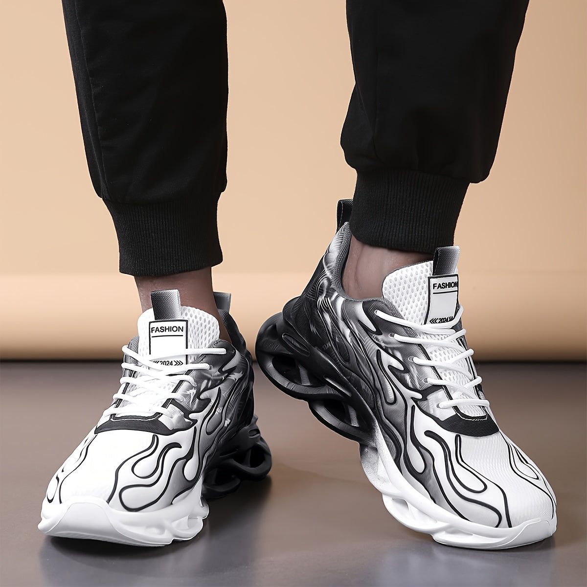Trendy Black White Gradient Sneakers - Breathable Mesh, Thick Sole for Height Boost, Fashion Athletic Casual Running Shoes with Flame Design, Perfect for Students Casual Attire, High Top Sneakers